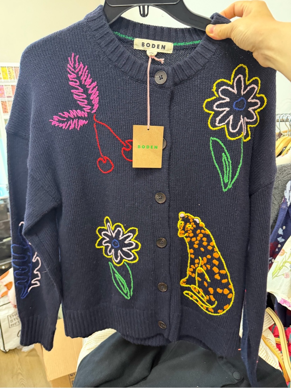Boden Navy Embroidered Floral, Cherry & Leopard Cardigan